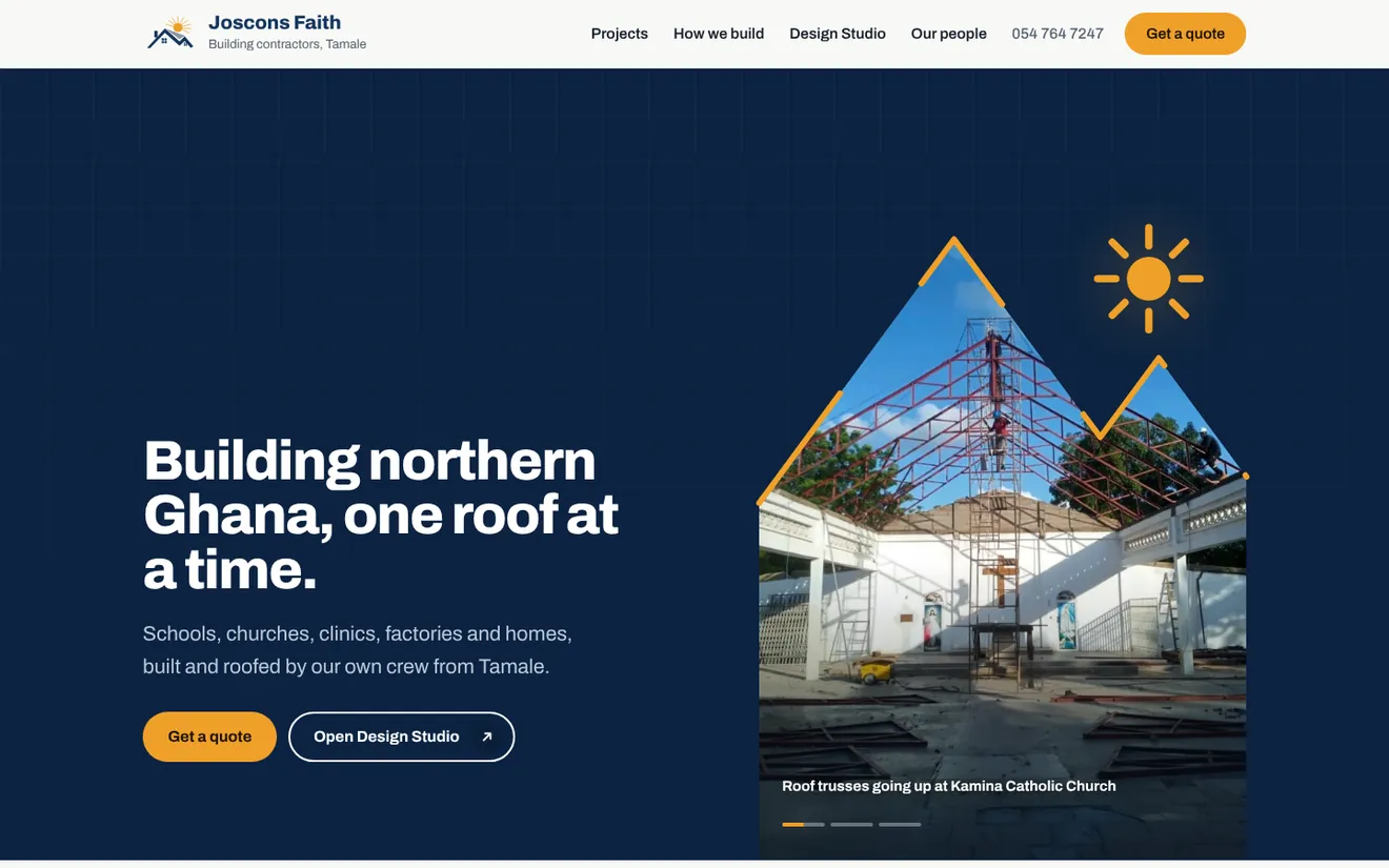 The Joscons Faith Limited home page, headline Building northern Ghana, one roof at a time.